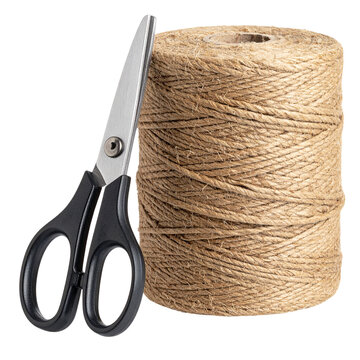 Coil of Natural Hemp Rope and Twine Roll Isolated on White Background, Rustic String Fiber Material for Crafting and Packaging