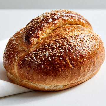 Artisan twisted bread loaf with sesame seeds and golden crust.