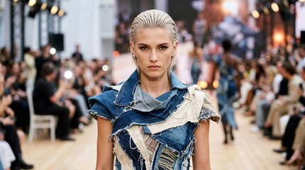 Fototapeta premium Young female fashion model walking the runway wearing an upcycled distressed denim top. Sustainable avant garde fashion show with blurred audience