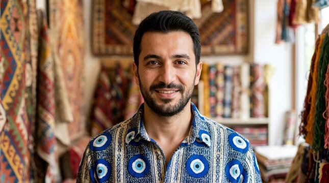 Smiling man wearing a blue and white Turkish evil eye pattern shirt. Portrait of a textile shop owner with colorful rugs and yarn in the background