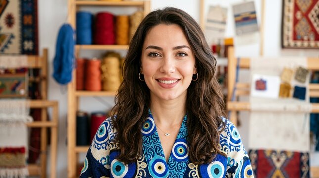 Smiling young woman wearing a blue Turkish evil eye pattern garment. Portrait of an artisan in a textile workshop with weaving looms and colorful yarn