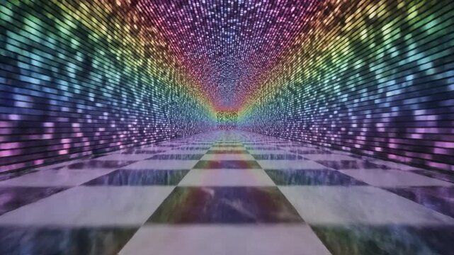Futuristic digital tunnel with checkered floor and walls covered in vibrant rainbow-colored LED pixels leading to a central vanishing point in a symmetrical 3D perspective.