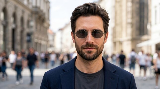 Portrait of a man wearing oval frame sunglasses and a blue blazer. Urban lifestyle on a busy city street