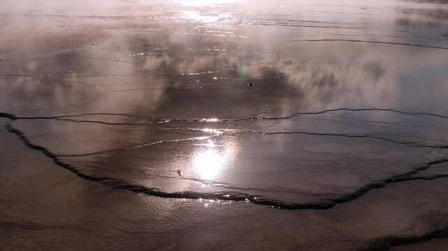 Sun Reflection Grand Prismatic Spring In Midway Geyser Basin Yellowstone