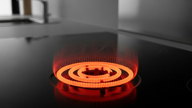 Electric stove burner glowing red hot on a sleek modern kitchen countertop with a warm and inviting atmosphere inside home