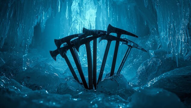Ice climbing tools arranged in a frozen cave, featuring multiple ice axes with sharp tips and a backdrop of glistening ice formations and blue lighting