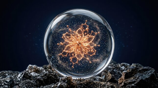 Elegant transparent crystal orb surrounding a luminous copper molecular bloom with sparkling microscopic dust suspended inside
