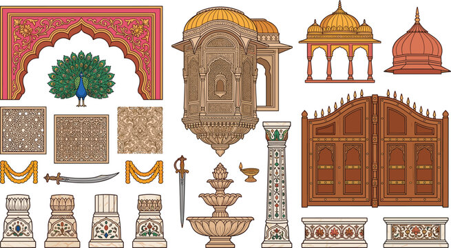 Traditional Indian Architectural Elements Collection Featuring Ornamental Gateway, Jharokha Window, Palace Gate, Pavilion, Fountain, Carved Columns, and Heritage Vector Set