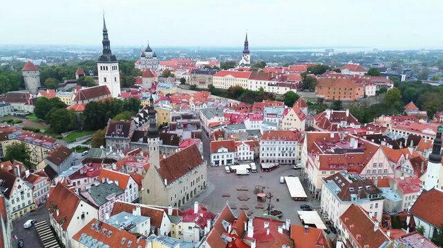 Explore Tallinn with its colorful buildings and historic charm from above in this sky view