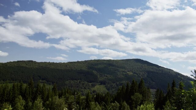 Dense conifer forest climbs a broad Norwegian mountain ridge beneath a bright blue sky with drifting patchy clouds.