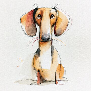 Dachshund dog sitting watercolor illustration on white background