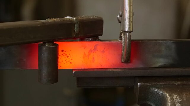 Close-up of a skilled blacksmith bending a red hot steel bar with a custom metal jig during a traditional iron forging process in a workshop.