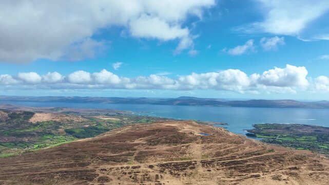 Aerial panning shot of Bantry Bat And West Cork from high on the mountains at The Healey Pass Ireland Epic Locations