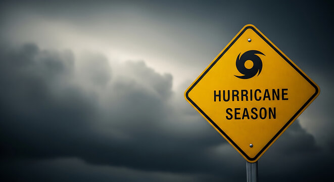 Yellow warning sign indicating hurricane season against a dark stormy sky background.