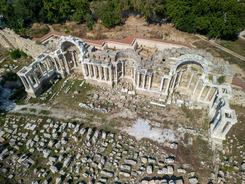 Anitsal Cesme historical Roman nymphaeum ruins aerial perspective Turkey