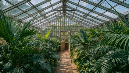 Obraz premium Lush green plants inside a glass greenhouse with a wooden door, sunlight streaming through the transparent roof, creating a vibrant indoor garden atmosphere