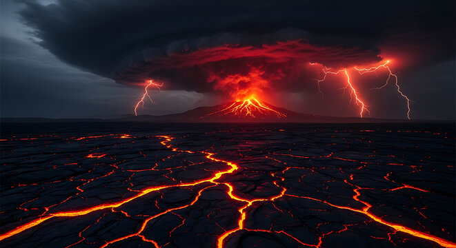 Dramatic volcanic eruption with flowing lava and lightning strikes in a dark stormy night sky.
