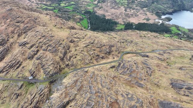 High Angle drone view of the Summit of The Healey Pass classic drive in Cork Kerry on The Wild Atlantic Way Ireland Epic Locations in summer