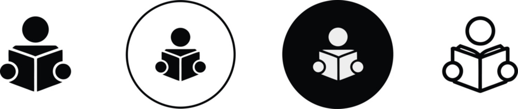 Reading book icons set, education and learning symbols, reader icons, study concepts, knowledge resources, and academic signs for schools and digital education.
