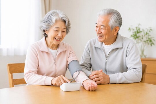 自宅で血圧を測る笑顔の日本人シニア夫婦