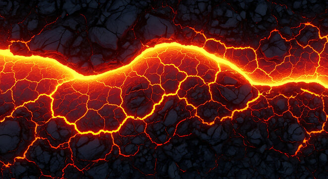 Abstract background featuring glowing hot lava cracks flowing through dark volcanic rock texture.