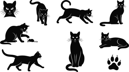 Black cat silhouettes collection in various poses, feline hunting and sitting illustrations with paw print icon, isolated vector design artwork © MstNilufar