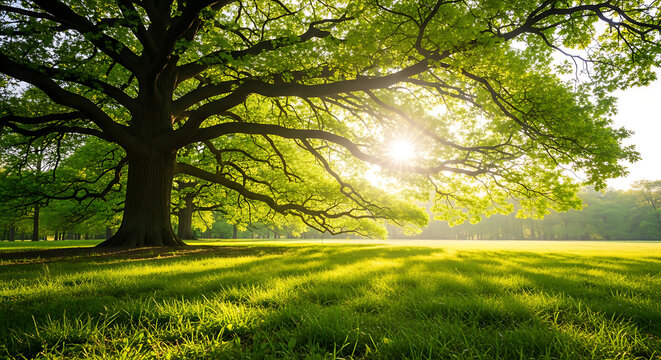Large green oak tree in a sunny park with beautiful light rays at sunrise.