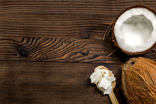 fresh coconut on wooden background top view mock up
