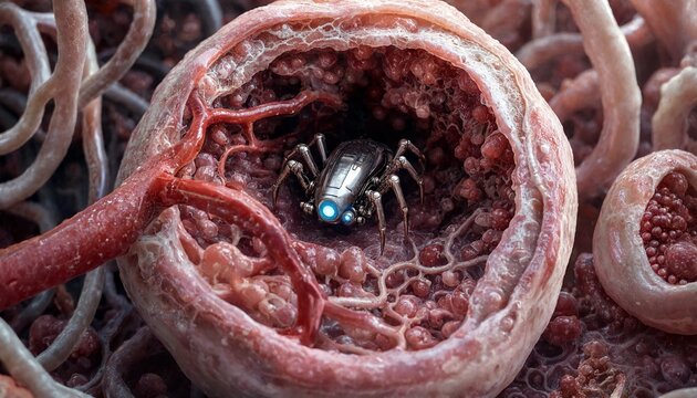Futuristic nanobot navigating through the complex human kidney filtration system, passing through a glomerulus surrounded by podocytes and the delicate structure of bowman's capsule, 3d render