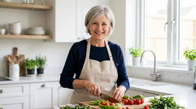 Smiling senior woman chopping fresh vegetables on a cutting board. Portrait of an older female wearing an apron cooking in a modern white kitchen