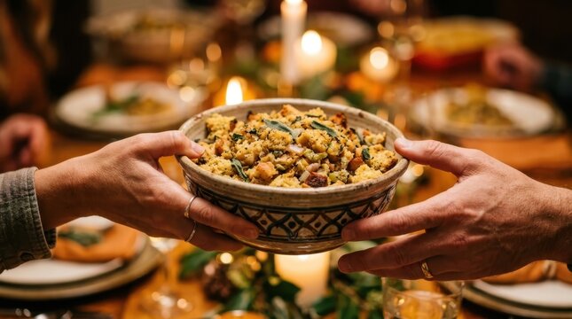 Hands passing a rustic bowl of herb stuffing at a holiday dinner