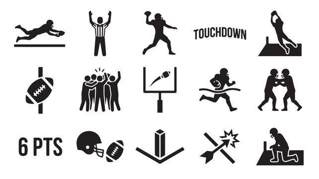 American football icons set, black sports silhouettes of players and referee, touchdown and game action symbols, 15 vector elements for sports design