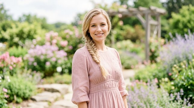 Smiling young woman in a pink empire silhouette dress. Blonde female model with a fishtail braid standing in a blooming summer garden. Romantic fashion portrait