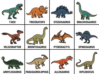 Collection of Popular Dinosaur Illustrations - T-Rex, Triceratops, Stegosaurus, Brachiosaurus © Sang