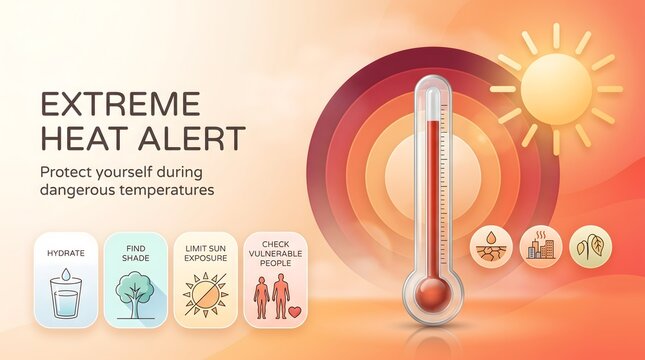 Summer heatwave emergency alert template featuring 3d thermometer and health protection guidelines
