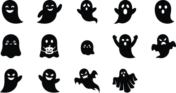 Collection of cute and spooky ghost silhouettes with various expressions for fun halloween projects and whimsical graphic design and digital media