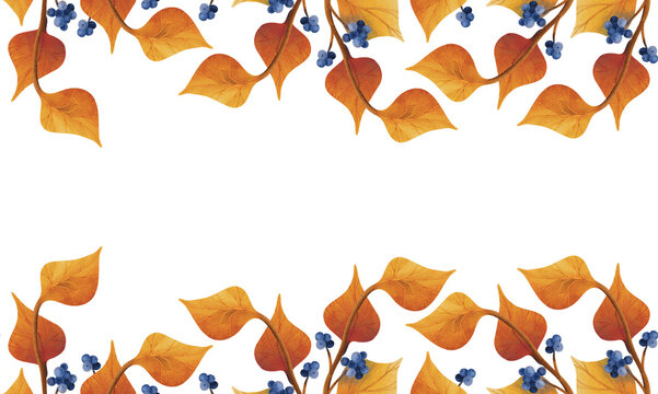 Seamless top and bottom border with autumn leaves and blue berries on transparent background

