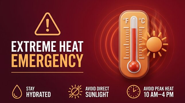 Extreme heat emergency warning banner with 3d thermometer and crucial safety instructions for peak hours