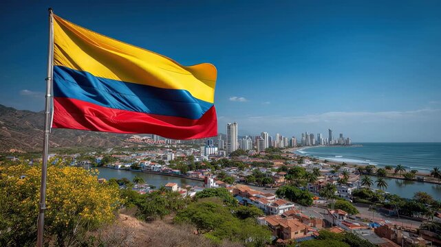 Colombian flag waving over vibrant coastal cityscape with blue sky and modern skyline