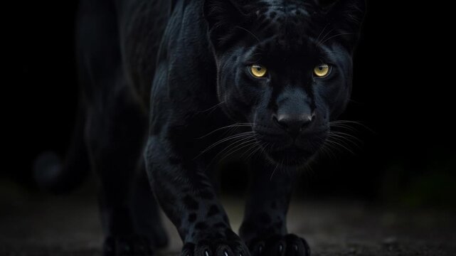 Majestic black panther with intense yellow eyes emerging from darkness