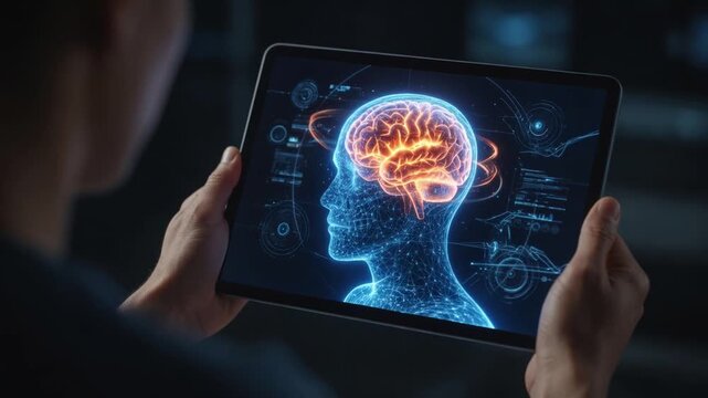 Professional holding tablet displaying 3D glowing human brain with digital interface for medical diagnostics and neuroscience research