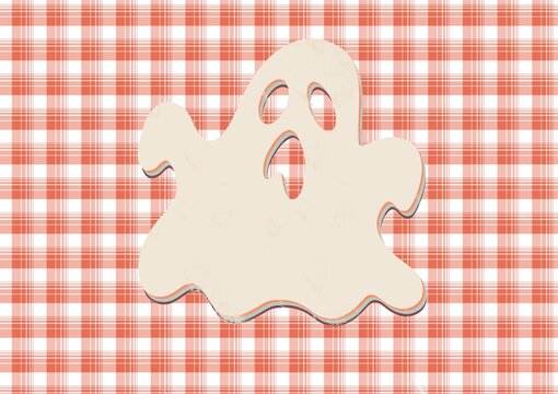 Cute Vintage Halloween Ghost on Coral Plaid Background &ndash; Cozy Spooky Autumn Illustration