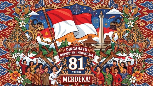 Indonesian Independence Day 81st anniversary illustration with people in traditional clothes celebrating, waving national flags, Monas landmark, wayang kulit puppets, and batik patterns for Dirgahayu 