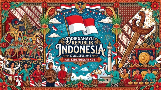 Hari Kemerdekaan Republik Indonesia ke-81 celebration banner with traditional music instruments angklung and gamelan, large keris weapon, Monas, wayang puppets, and waving national flag.