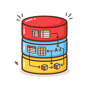Cartoon style three-layered cylinder representing data storage with arrows showing information flow between tables and cubes.
