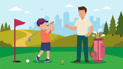 Father and son playing golf, man giving thumbs up to child on golf course