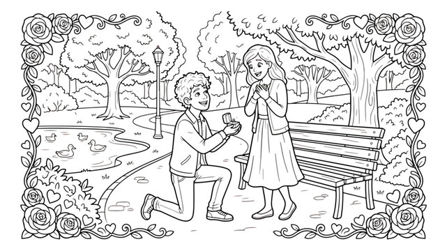 Romantic marriage proposal coloring page, man proposing to woman in park vector, black and white line art of couple with engagement ring