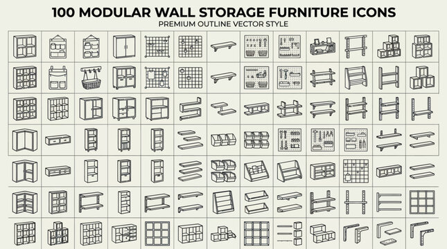 100 modular wall storage furniture icons in premium outline vector style