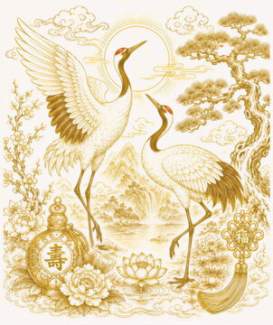 ⁠Chinese traditional golden line art illustration of a pair of auspicious cranes⁠