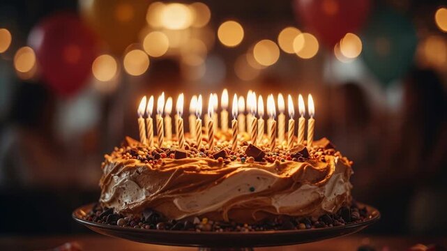Caramel birthday cake with lit candles and festive balloons in a blurry bokeh background